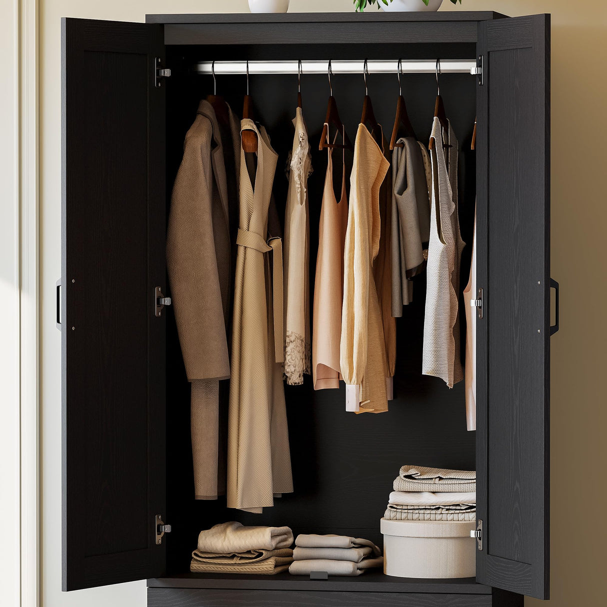 LIKIMIO Armoire Wardrobe Closet with 2 Doors and 2 Drawers 70" H x 28" W Wooden Bedroom Freestanding Wardrobe Combination for Hanging Clothes, Black LIKIMIO