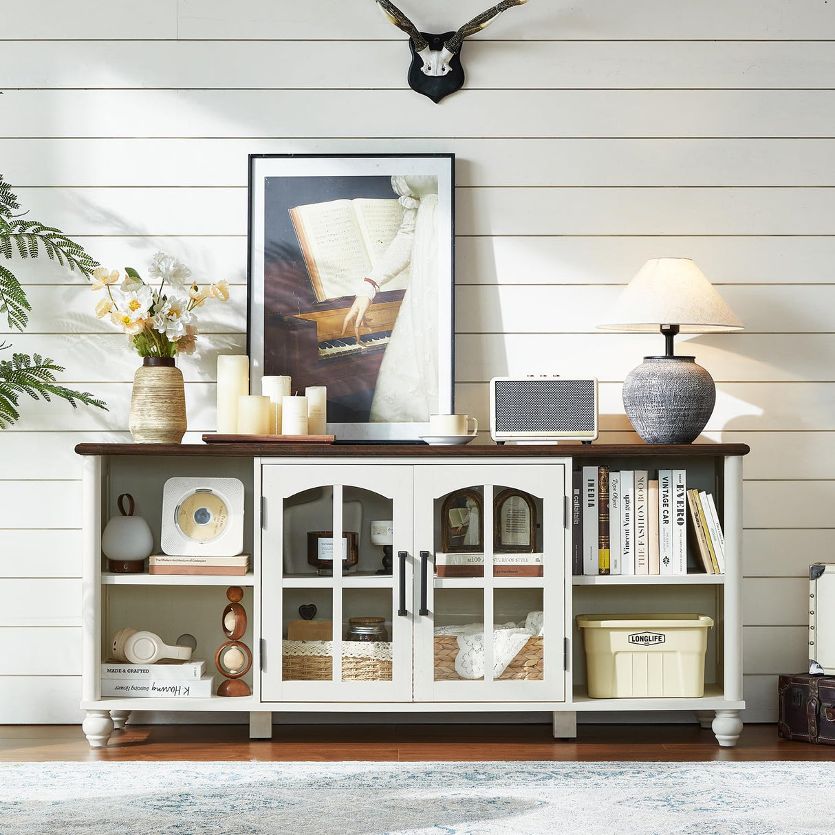 RWYHG Farmhouse TV Stand for 65 Inch TV, Wood Entertainment Center with Adjustable Shelves & Glass Door Storage Cabinet,Television Stands for 70" TVS,TV Console Table for Living Room,Bedroom,White RWYHG