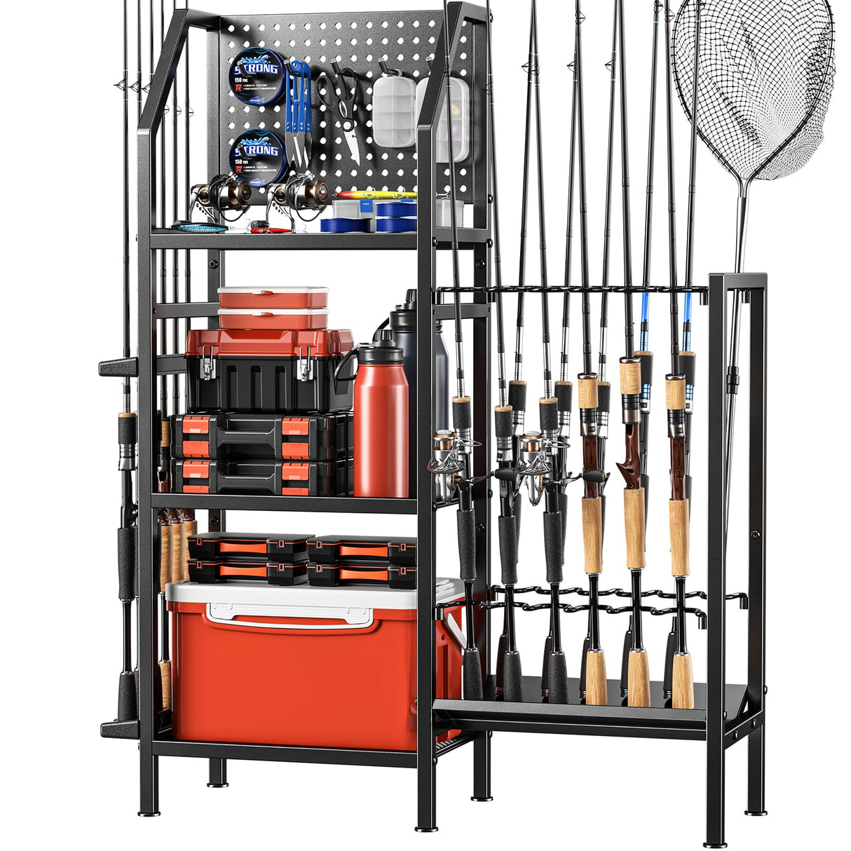 POKIPO Fishing Rod Holders for Garage,Fishing Rod Rack Storage up to 18 Rods,3 Tier Adjust Heavy Duty Metal Fish Pole Stand Organizer with Pegboard for Fishing Gear and Equipment Accessories POKIPO