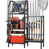 POKIPO Fishing Rod Holders for Garage,Fishing Rod Rack Storage up to 18 Rods,3 Tier Adjust Heavy Duty Metal Fish Pole Stand Organizer with Pegboard for Fishing Gear and Equipment Accessories POKIPO