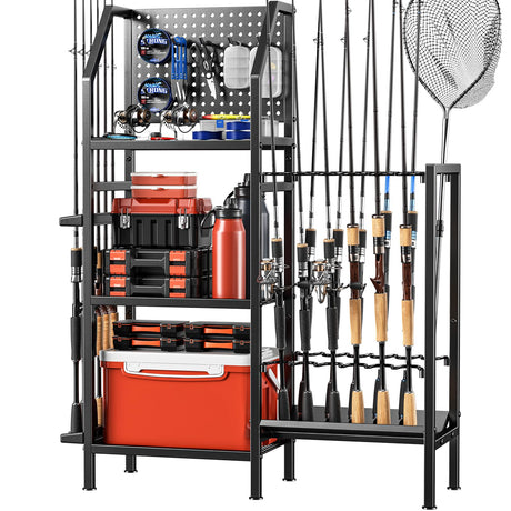 POKIPO Fishing Rod Holders for Garage,Fishing Rod Rack Storage up to 18 Rods,3 Tier Adjust Heavy Duty Metal Fish Pole Stand Organizer with Pegboard for Fishing Gear and Equipment Accessories POKIPO