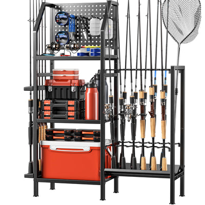 POKIPO Fishing Rod Holders for Garage,Fishing Rod Rack Storage up to 18 Rods,3 Tier Adjust Heavy Duty Metal Fish Pole Stand Organizer with Pegboard for Fishing Gear and Equipment Accessories