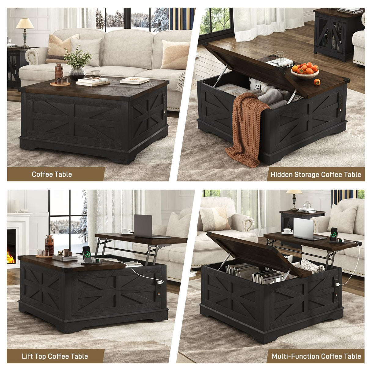 Hlivelood 36" Farmhouse Movable Lift Top Coffee Table with Storage and Power Outlets, Square Wood Living Room Tables with Wheels&Large Hidden Space, Lift Wooden Barn Door Center Table, Black Hlivelood