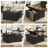 Hlivelood 36" Farmhouse Movable Lift Top Coffee Table with Storage and Power Outlets, Square Wood Living Room Tables with Wheels&Large Hidden Space, Lift Wooden Barn Door Center Table, Black Hlivelood