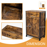 VINGLI Wood Tilt Out Trash Cabinet with Drawer, 10 Gallon Rustic Brown Trash Can Cabinet Tilt Out Barn Door Hidden Trash Can Kitchen Cabinet for Dinning Room, Living Room, Freestanding or Rolling VINGLI