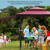 5 * 8FT Outdoor BBQ Grill Patio Canopy with Extra Shadow&Dual Side Awnings, Double Tiered BBQ Gazebo with 2 Side Shelves, Heavy-Duty Steel Frame, LED Light,fit for Barbecue and Picnic (Claret) Knowfunn
