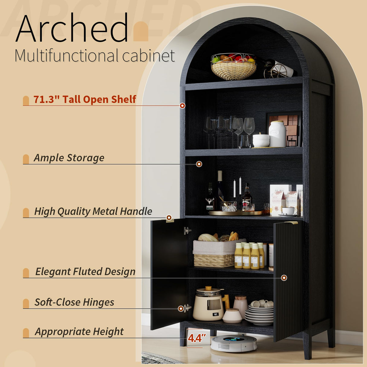 LYNCOHOME 71 Inch Fluted Arched Cabinet with Doors, Tall Storage Cabinet, Oak Wood Finish, Adjustable Shelves, Arched Bookcase for Dining Room,Kitchen（Black） LYNCOHOME