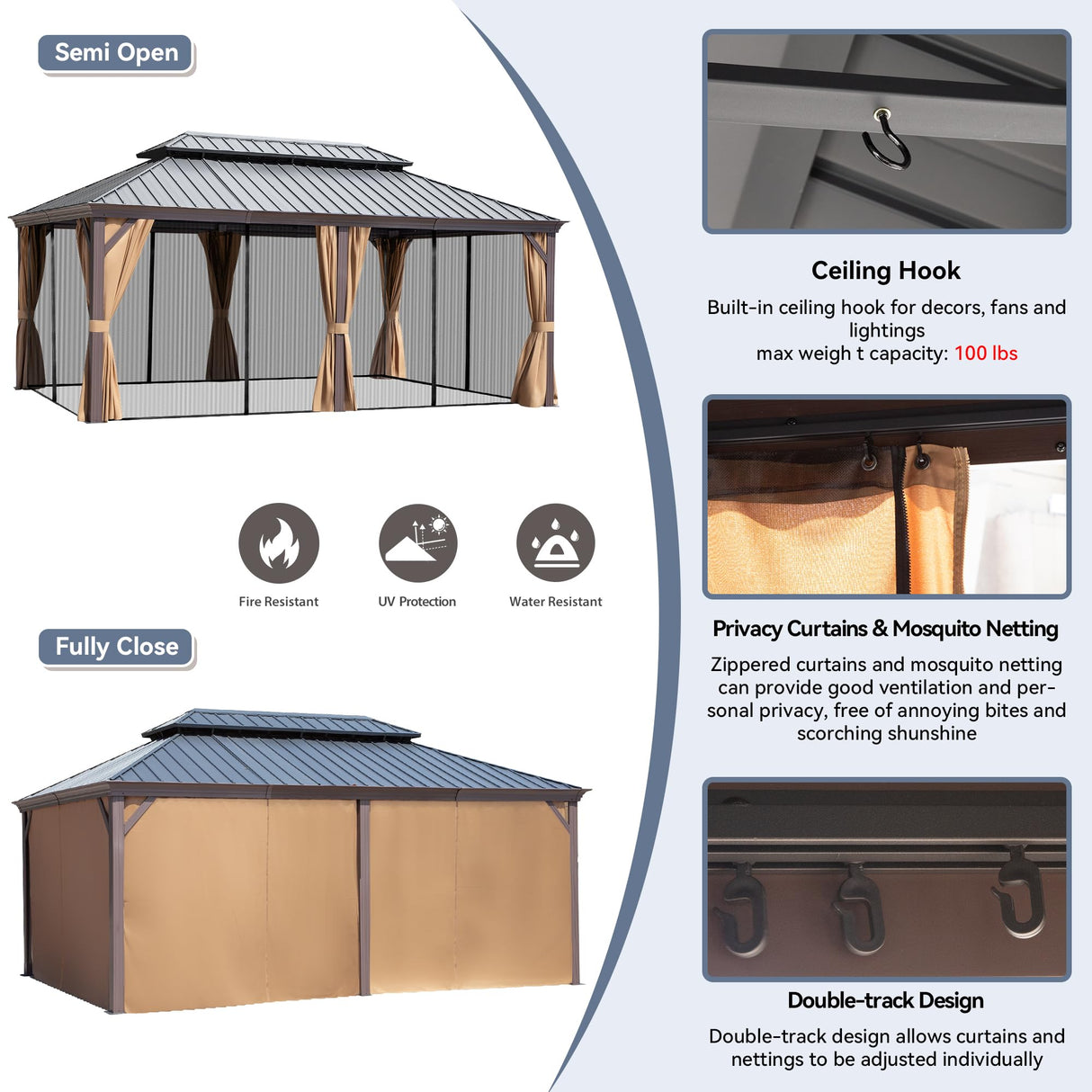 Gardenbee 12x18 ft Gazebo Double Roof Canopy with Netting and Curtains, Outdoor Gazebo 2-Tier Hardtop Galvanized Aluminum Frame Garden Tent for Patio, Backyard, Deck and Lawns Gardenbee