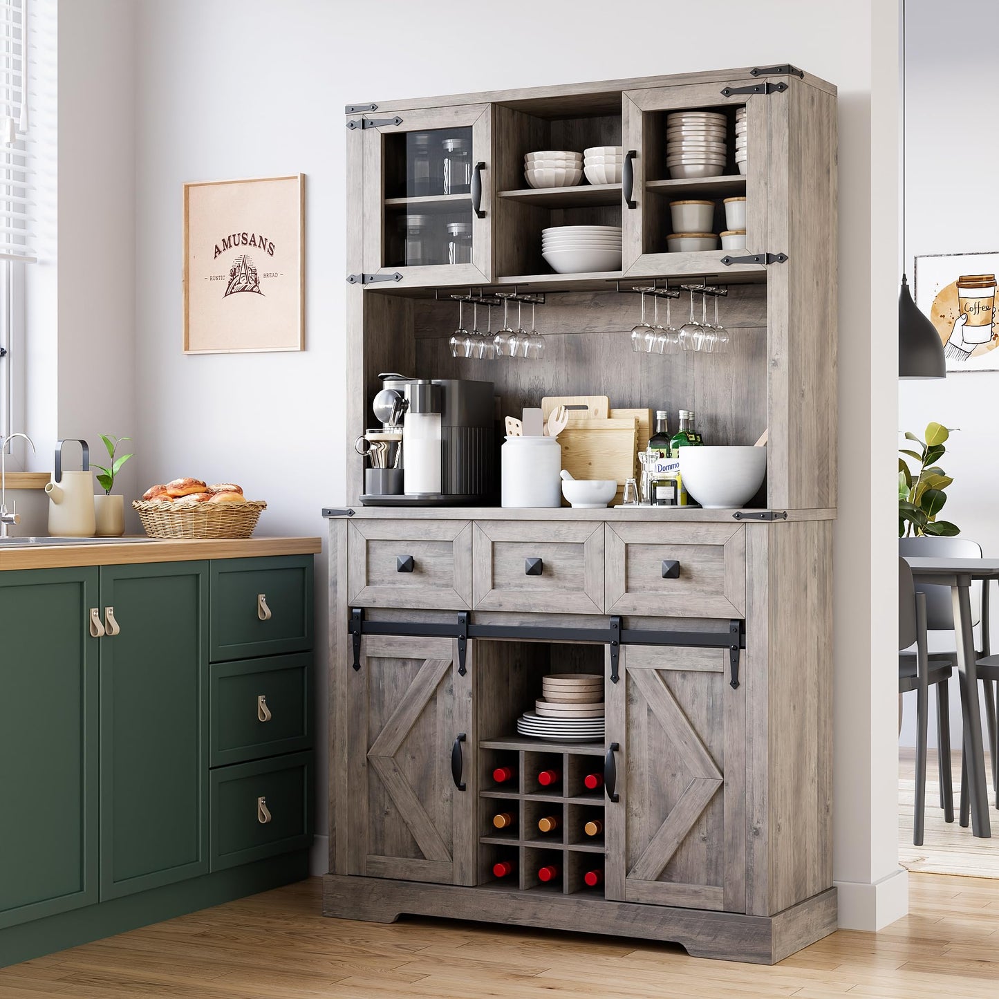 72" Farmhouse Bar Cabinet with Sliding Barn Door, Tall Kitchen Buffet with Storage Hutch and 3 Drawer, Rustic Coffee Bar Sideboard with Wine & Glasses Rack, for Living Room, Washed Grey