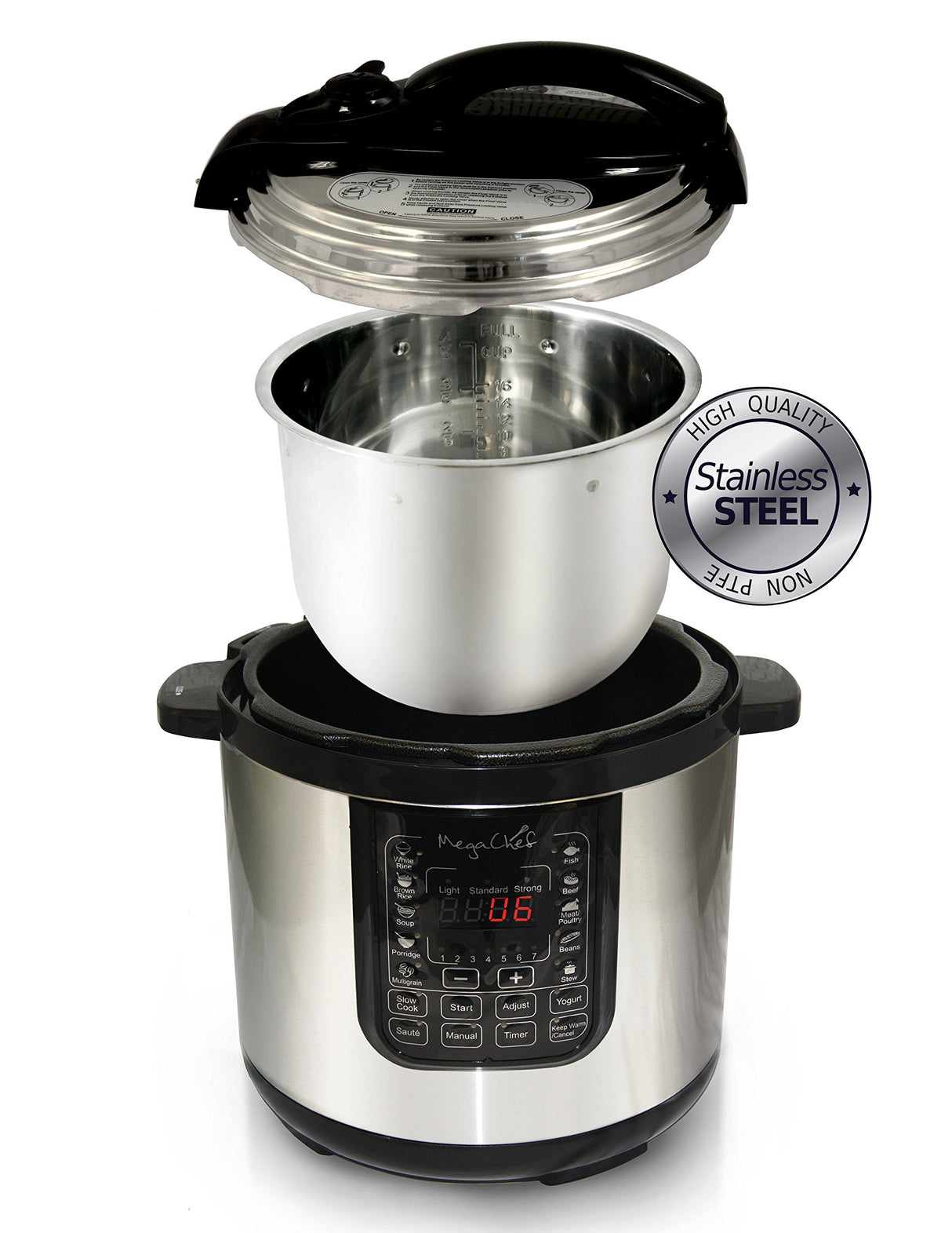 MegaChef MCPR120A 8 Quart Digital Pressure Cooker with 13 Pre-set Multi Function Features, Stainless Steel Megachef