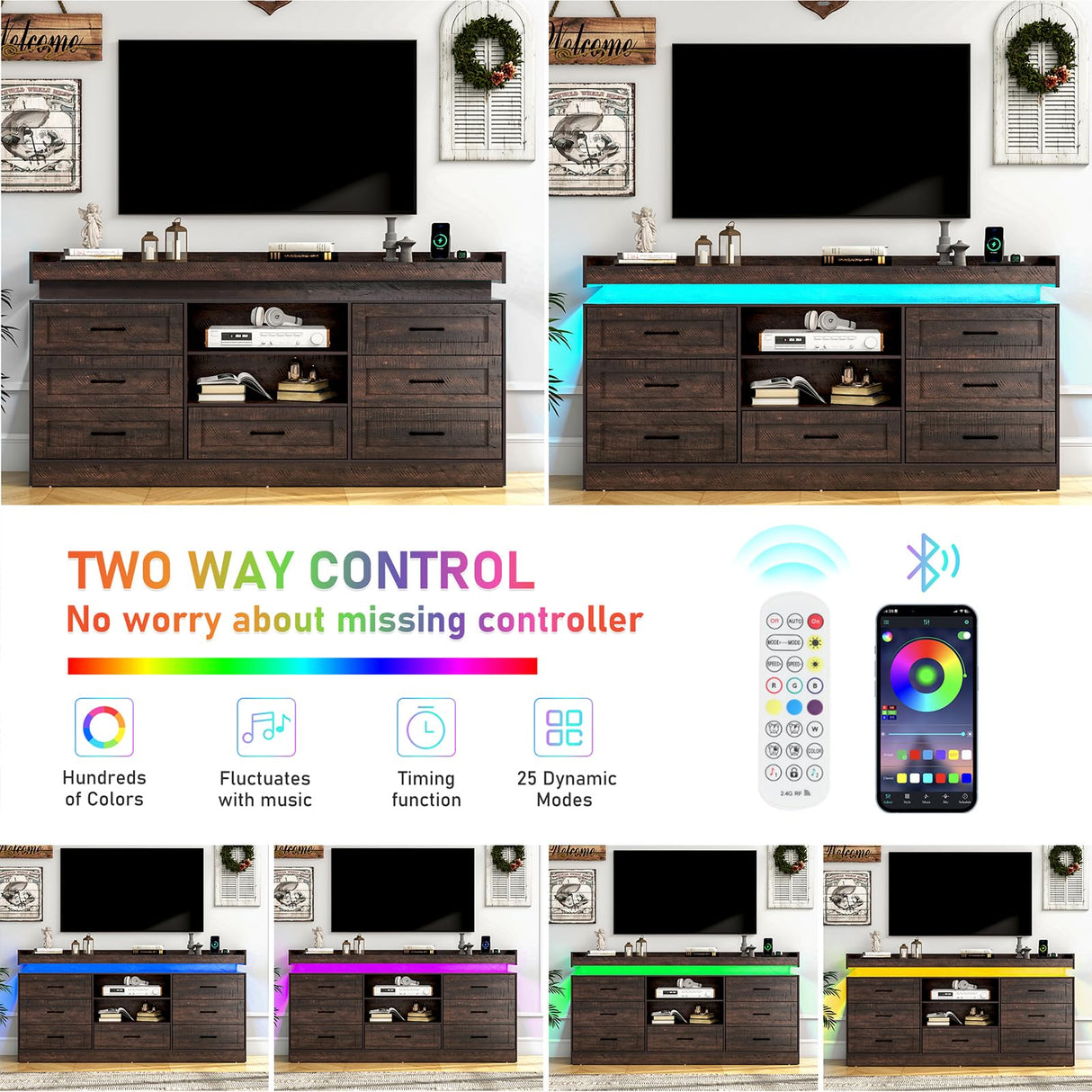 70"W Large Drawers Dresser,Tall Farmhouse 7 Drawers Dresser for Bedroom +2 Open Storage Shelves,with LED Light and Power Outlets,Wide Wood 7 Chests of Drawers for Closet for Bedroom(Antique Brown) chartustriable