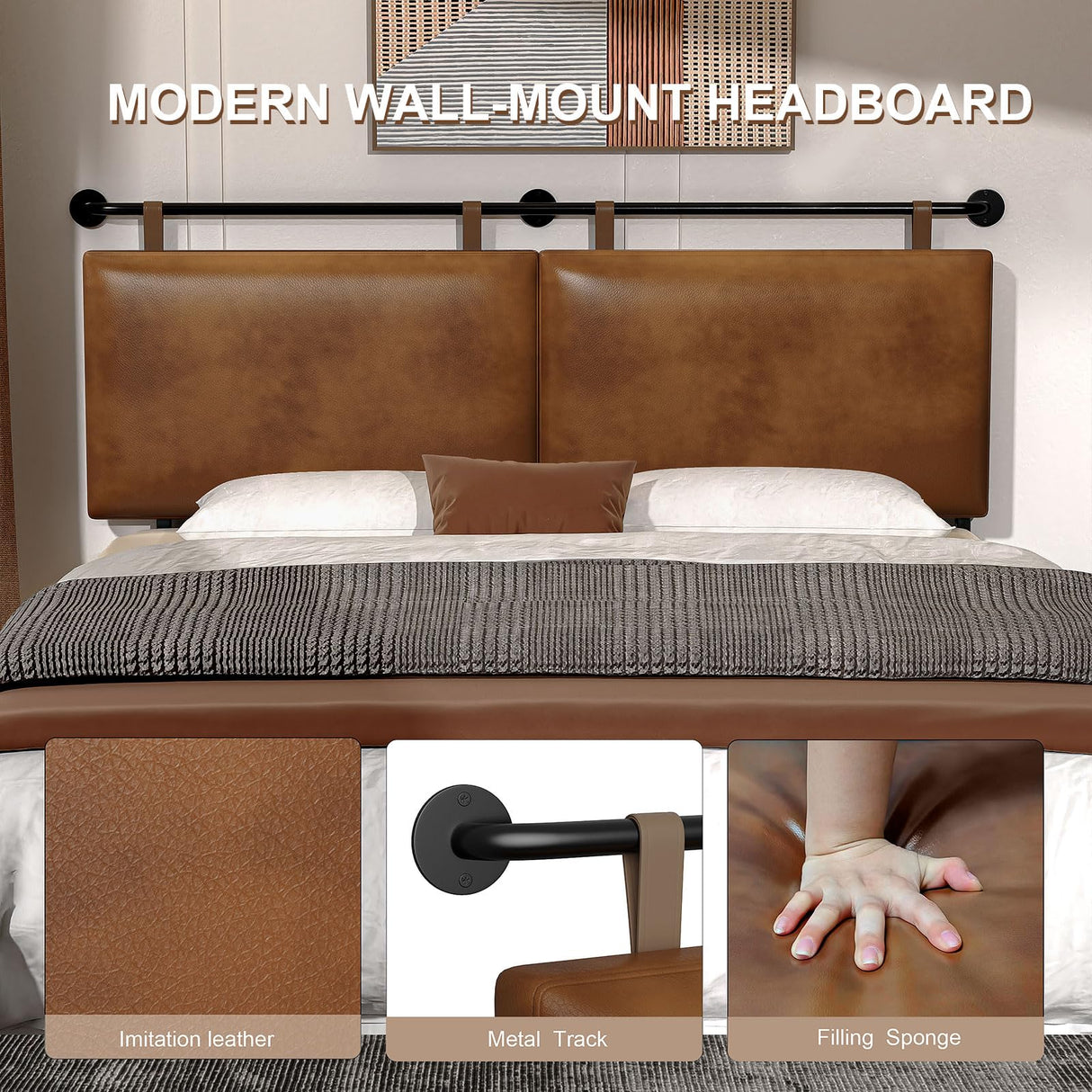 BSHOMGI Queen Headboard, Hanging Headboards with Brown Faux Leather Industrial Pipe Modern Style Multifunction Queen Headboard Only for Bed Backboard (Brown, Queen) BSHOMGI