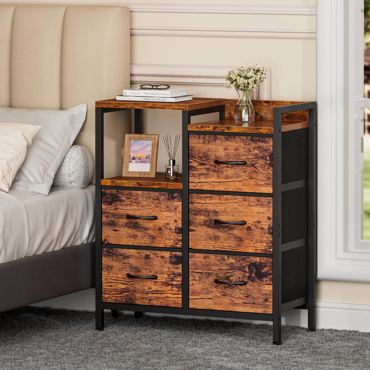 Furnulem 5 Drawer Rustic Brown Dressers for Bedroom 2 Tier Shelf Storage Small Fabric Dresser for Closet Sturdy Metal Frame Modern Style Storage Cabinets Organization Units for Hallway Rooms Furnulem