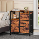 Furnulem 5 Drawer Rustic Brown Dressers for Bedroom 2 Tier Shelf Storage Small Fabric Dresser for Closet Sturdy Metal Frame Modern Style Storage Cabinets Organization Units for Hallway Rooms Furnulem