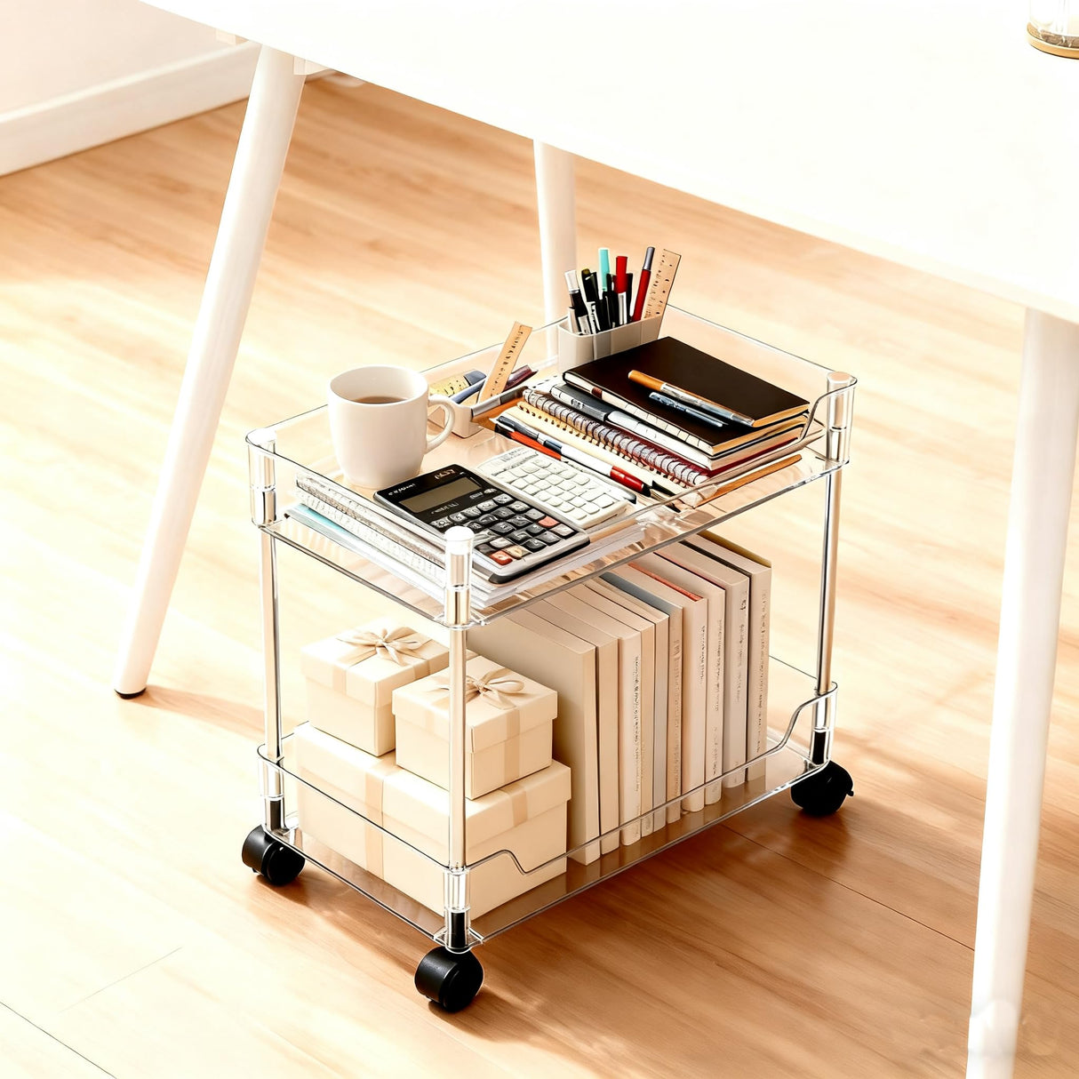 Betoveren 2 Tier Utility Rolling Cart Storage Organizer with Wheels Under Desk Mobile Bathroom Cart Organizer for Office Bathroom Home Kitchen Organization Transparent (Width 8.85 Inches) Betoveren