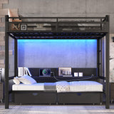 Full over Full Bunk Bed with Storage Drawers and Shelves, Metal Bunk Beds with USB Ports and LED Lights, Lower Bed that can be converted into a sofa for Bed Room,Guest Room,Dormitory.(Black) Harper & Bright Designs