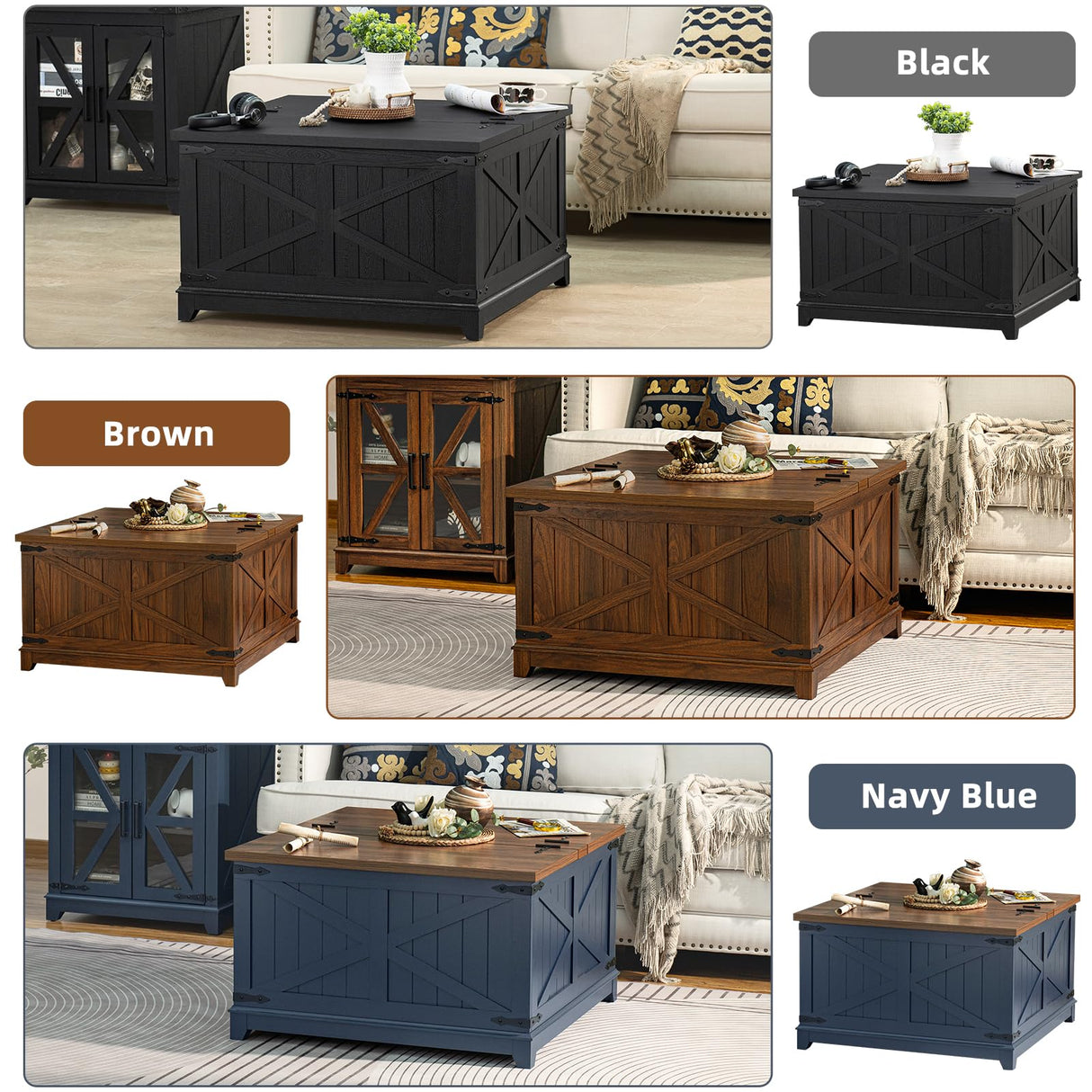 Joaxswe Farmhouse Coffee Table with Hidden Storage Organizer, Black Square Large Center Table, Wood Farm House Low Modern Living Room Tables with Hinged Lift Top for Home, Office Joaxswe