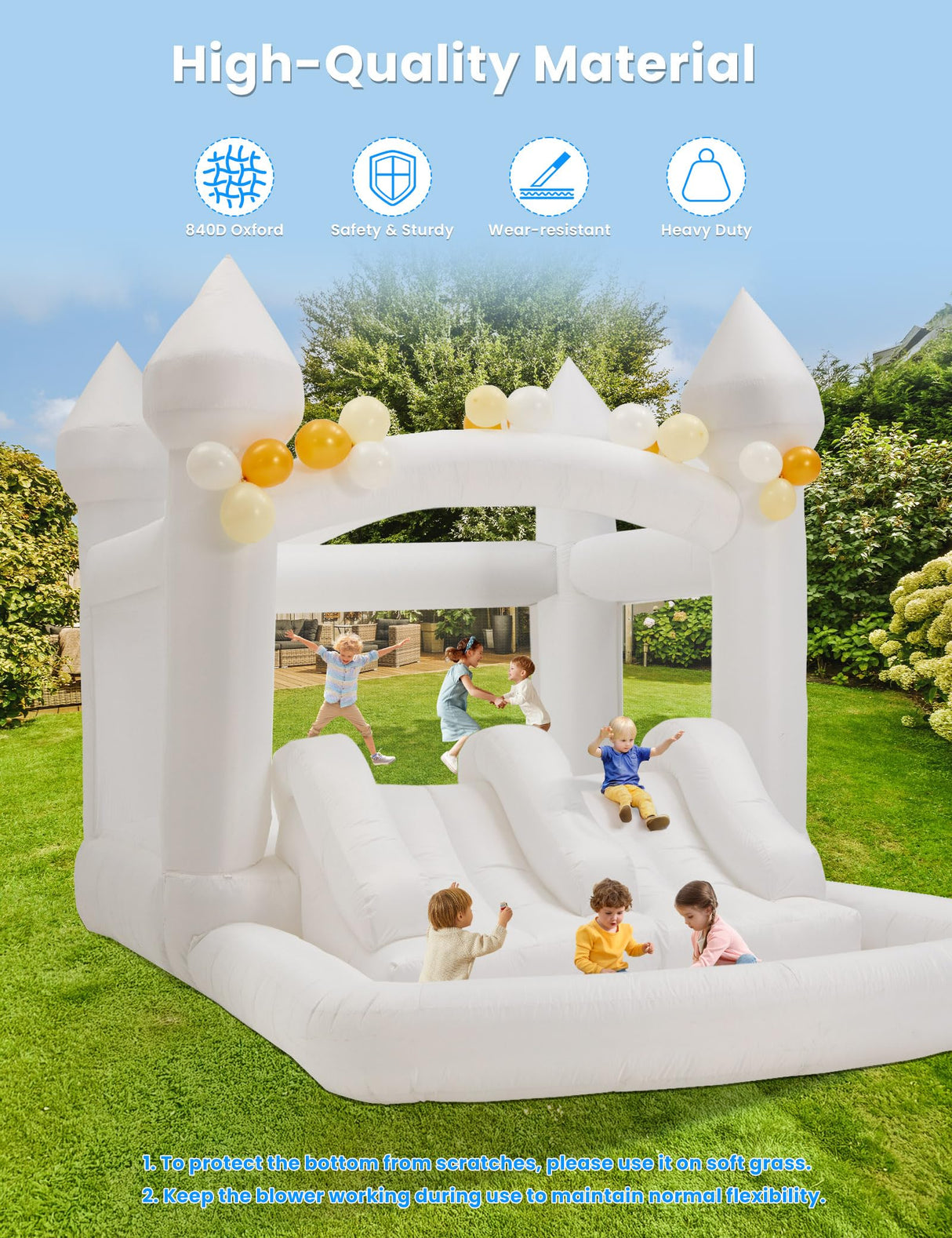 BUPPLEE Inflatable White Bounce House Jumping Castle with 480W Air Blower, 13x8x8FT Large Indoor Outdoor Bouncy Castle Theme for Kid and Adult with Slide & Ball Pit Perfect for Parties Events All Ages BUPPLEE