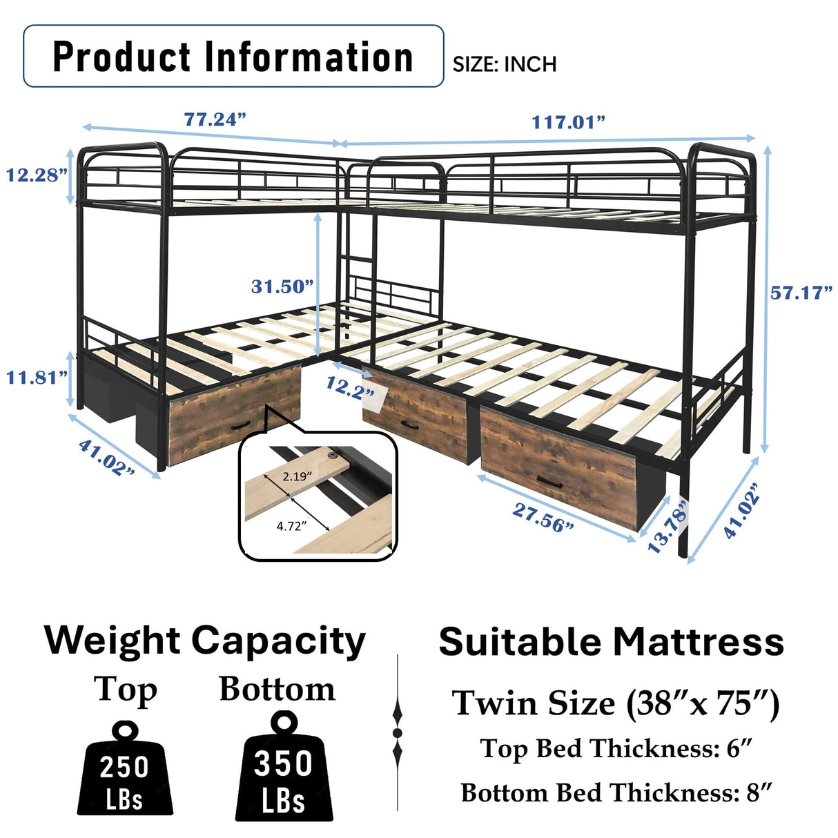 PVWIIK L-Shaped Quad Bunk Bed with Storage Drawers for 4 Kids,Quad Bunk Bed Frame with Built-in Ladder & Full-Length Guardrails,Easy to Assemble,Space Saving, Black PVWIIK
