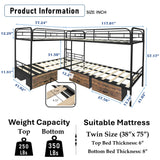 PVWIIK L-Shaped Quad Bunk Bed with Storage Drawers for 4 Kids,Quad Bunk Bed Frame with Built-in Ladder & Full-Length Guardrails,Easy to Assemble,Space Saving, Black PVWIIK