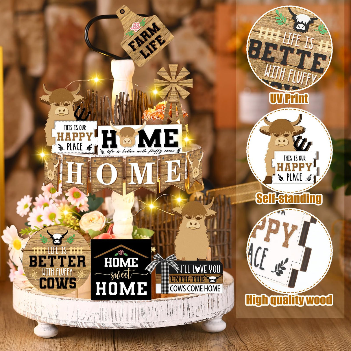 Soaoo 16 Pcs Highland Cow Tiered Tray Decor Gnome Plush Tray Decor Farmhouse Rustic Wood Table Signs with String Lights for Holiday Table Centerpieces Home(Highland Cow) Soaoo