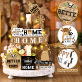Soaoo 16 Pcs Highland Cow Tiered Tray Decor Gnome Plush Tray Decor Farmhouse Rustic Wood Table Signs with String Lights for Holiday Table Centerpieces Home(Highland Cow) Soaoo