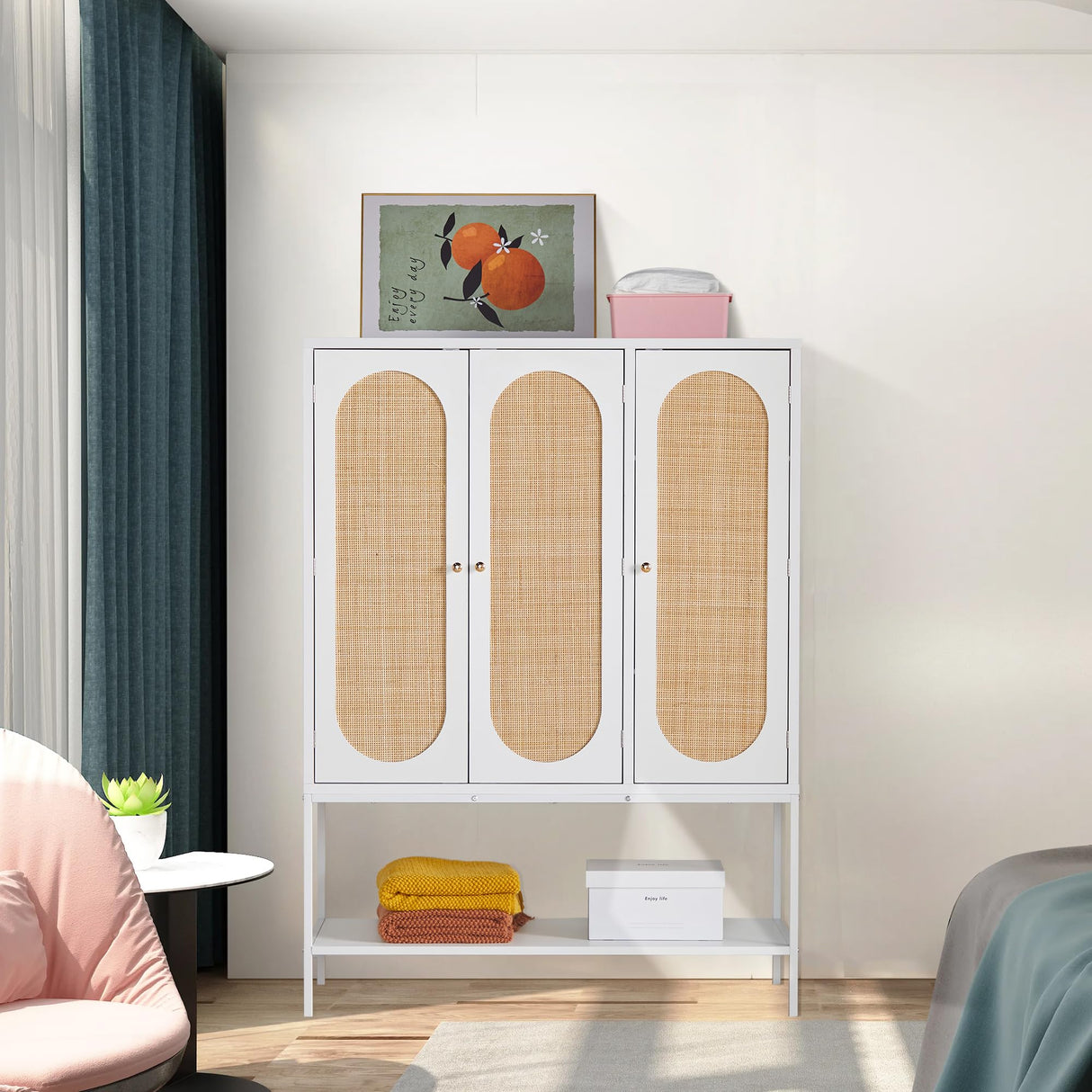 QEIUZON Wardrobe Closet, Rattan Freestanding Wardrobe Cabinet with Storage Cubes & Hanging Rod, Bedroom Armoire, 3-Doors-White QEIUZON