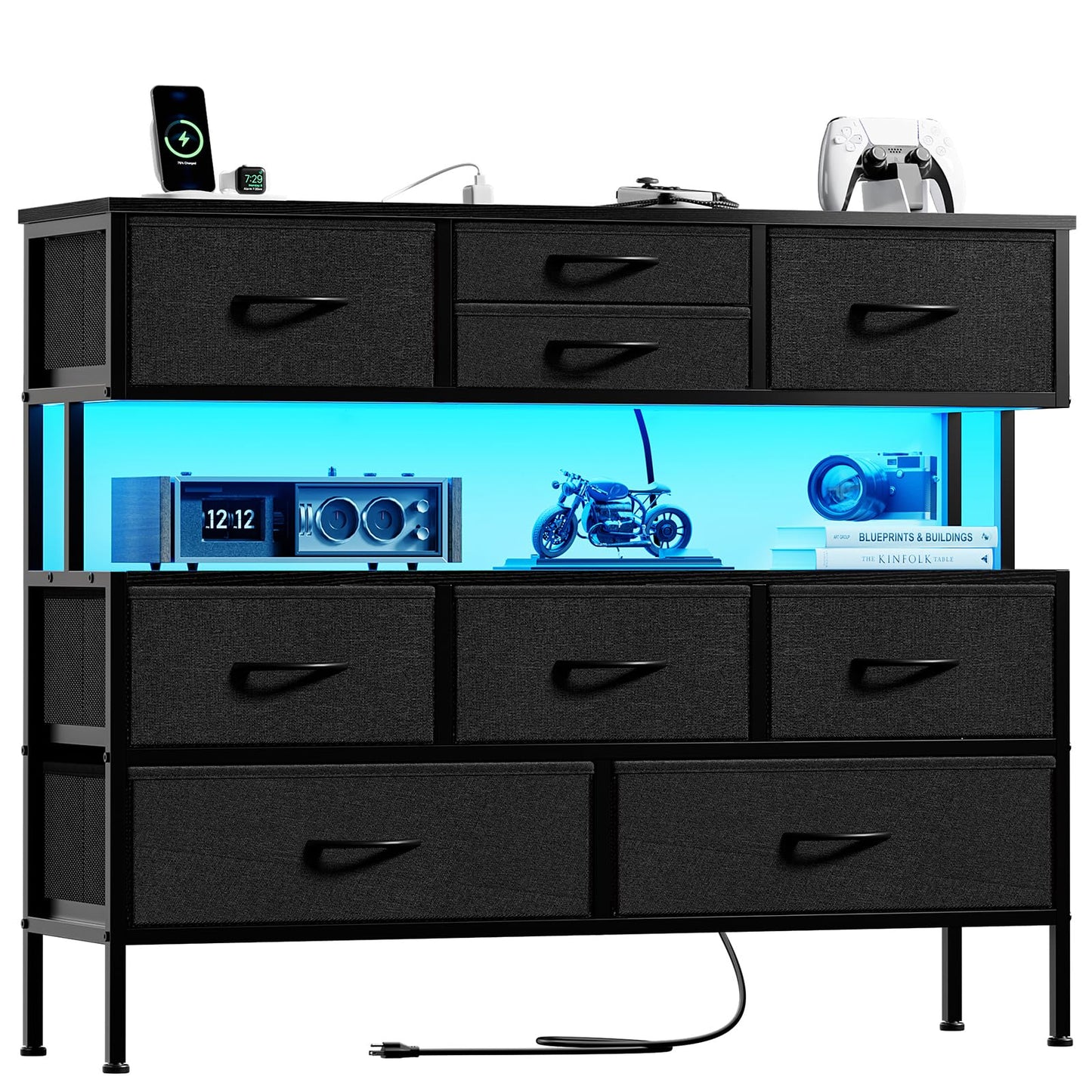 REAHOME Dresser TV Stand with Charging Station and LED Lights, 55” TV Stand with 9 Drawers, Fabric Dresser for Bedroom, Steel Frame, Large Storage Chest of Drawers for Closet, Living Room, Black Gray