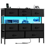 REAHOME Dresser TV Stand with Charging Station and LED Lights, 55” TV Stand with 9 Drawers, Fabric Dresser for Bedroom, Steel Frame, Large Storage Chest of Drawers for Closet, Living Room, Black Gray REAHOME