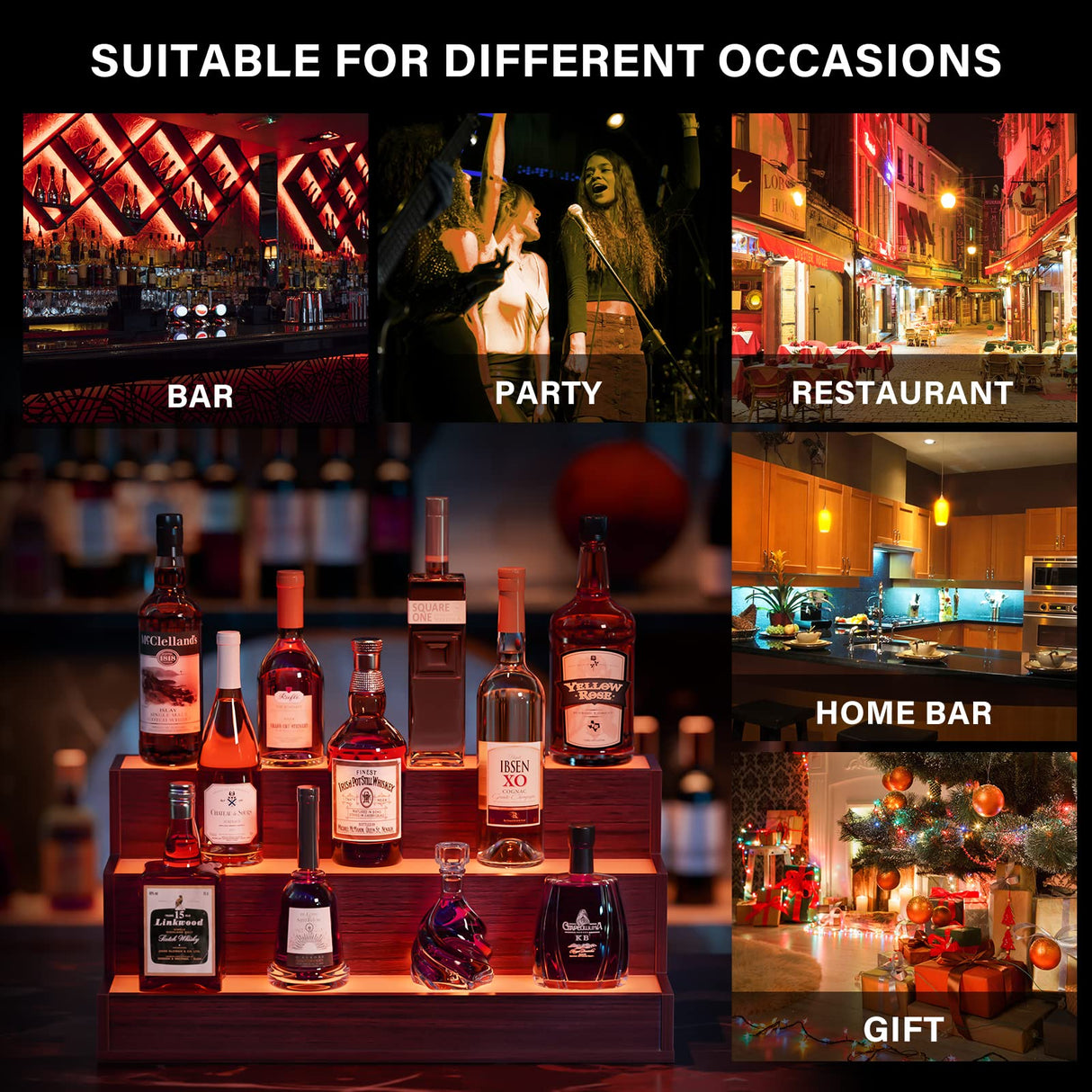 Cubehom LED Lighted Liquor Bottle Display Shelf, 24 Inch Bar Display Shelf with App & Remote Control 3 Tier for Home Bar, Party, Walnut Cubehom