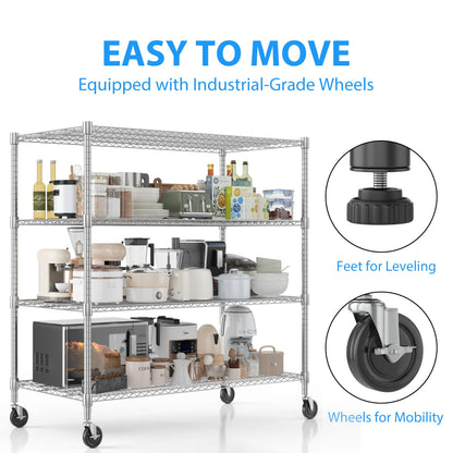 Homdox Heavy Duty Metal Shelves for Storage, 4 Tier Storage Racks and Shelving, Commercial Adjustable Wire Shelving Unit on Wheels, Garage Rack Pantry Shelves Kitchen Shelving, 24"x60"x72", Chrome