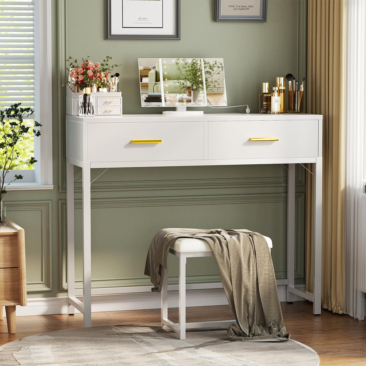 Girapow Vanity Desk with Power Outlets and Lights, 36'' Makeup Vanity with Tri Fold Lighted Mirror, White Vanity Set with Drawers, Vanity Table with Cushion Stool, Small Makeup Table for Bedroom,White Girapow