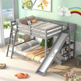Full Over Full Low Bunk Bed with Slide and Storage Shelves, Wooden Floor Bunk Bed Frame with Ladder, Convertible Full Size Loft Bed with Bookcase for Kids Boys Girls Teens, Gray Bellemave