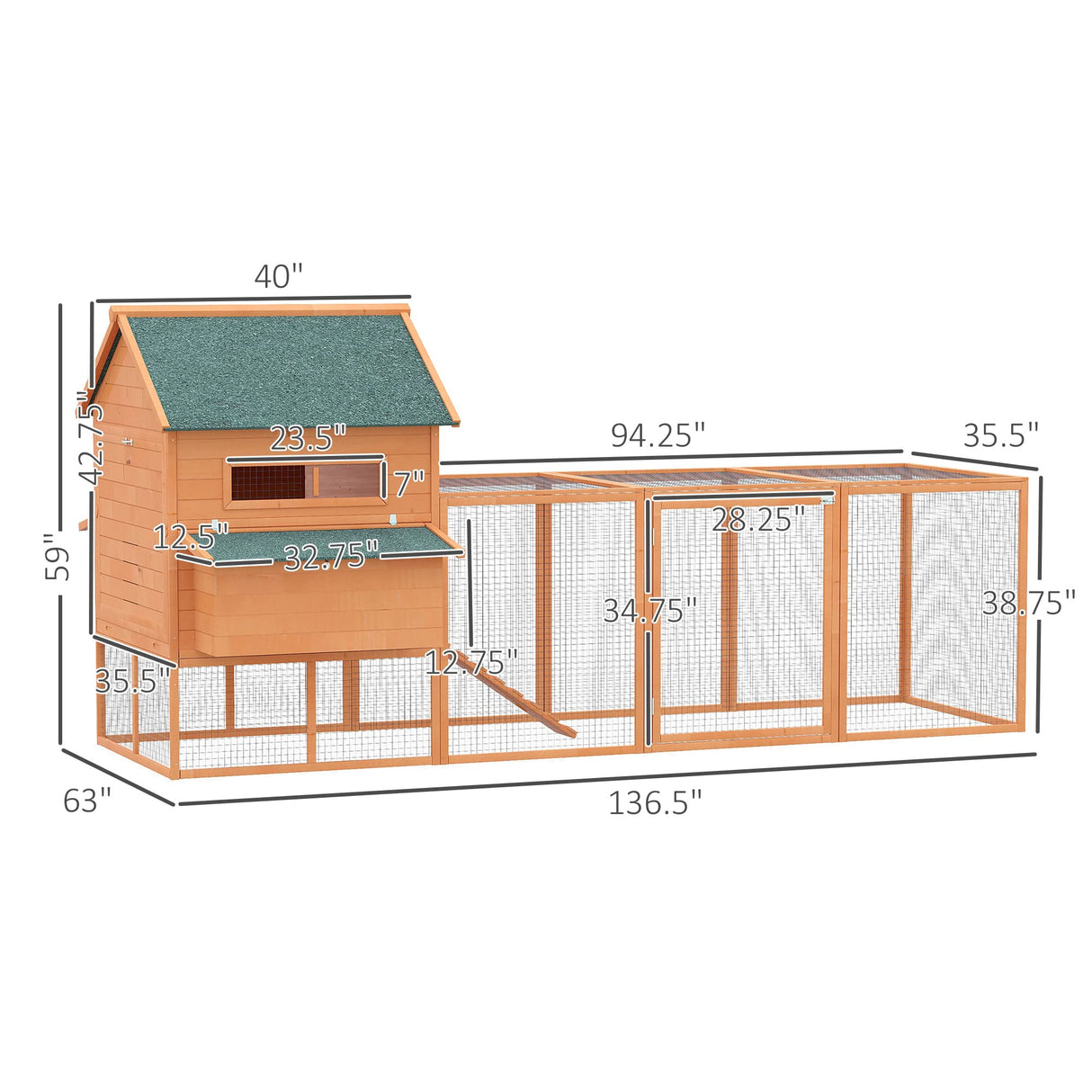 PawHut 137" Chicken Coop for 8-10 Chickens, Large Chicken House, Wooden Poultry Hen Cage with Nesting Box and Run for Backyard, Orange PawHut