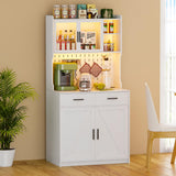 Gurexl 64" Farmhouse Kitchen Pantry with Auto Sensor LED,Storage Cabinets with 2 Outlets for Microwave & USB-C Ports,Hutch Cabinet with Pegboard,2 Cabinet,2 Drawers,1 Large Countertop Gurexl