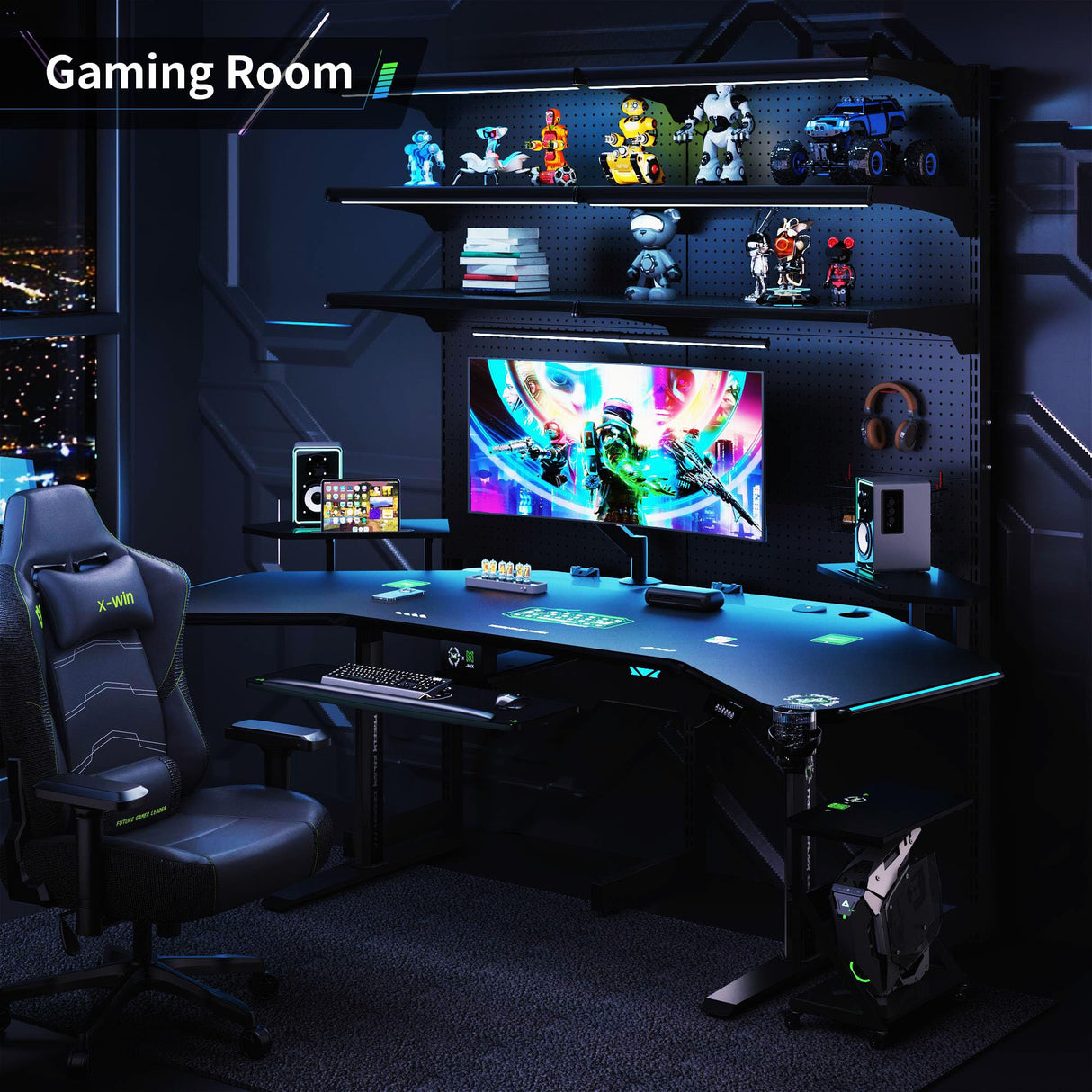 Klobel 72" Standing Gaming Desk with Dual Motor, Wing-Shaped Computer Desk with Full Coverage Mouse Pad, Electric Height Adjustable Standing Desk with RGB LED Lights and Slot Design Shelves Klobel