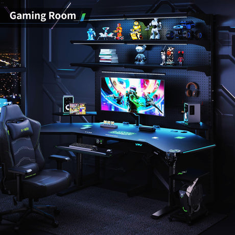Klobel 72" Standing Gaming Desk with Dual Motor, Wing-Shaped Computer Desk with Full Coverage Mouse Pad, Electric Height Adjustable Standing Desk with RGB LED Lights and Slot Design Shelves Klobel