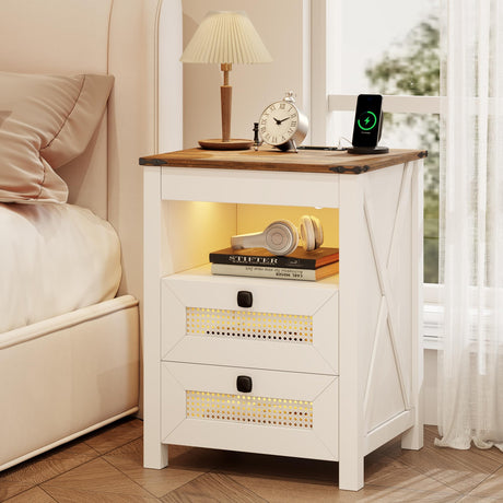 FREDEES Farmhouse Nightstand with Gun Drawer, End Table with Charging Station, LED Bedside Table with Human Sensor Light, Rattan Night Stand for Bedroom, White FREDEES