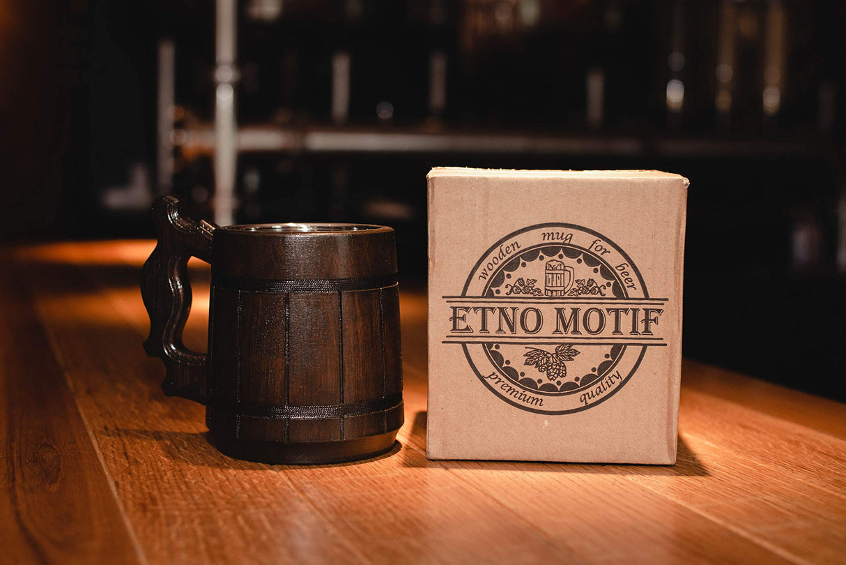 Etno Motif Handmade Wood Mug 20 oz Stainless Steel Cup Carved Natural Beer Stein Old-Fashioned Brown - Wood Carving Beer Mug of Wood Wooden Beer Tankard Capacity: 20oz (600ml) - Great Gift Idea Etno Motif
