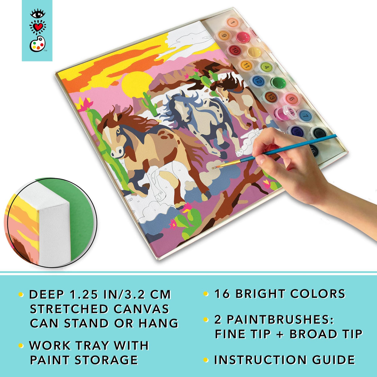 Bright Stripes Paint by Numbers Kit for Kids: Easy to Follow Paint by Numbers Canvas with Frame Kids Paint Kit (Wild Horses) Bright Stripes