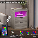 ADORNEVE Nightstand with Wireless Charging Station and LED Lights, Grey Night Stand with 2 Drawers and Open Storage for Bedroom, Bedside Table with Pull-Out Shelf, Modern End Side Table ADORNEVE