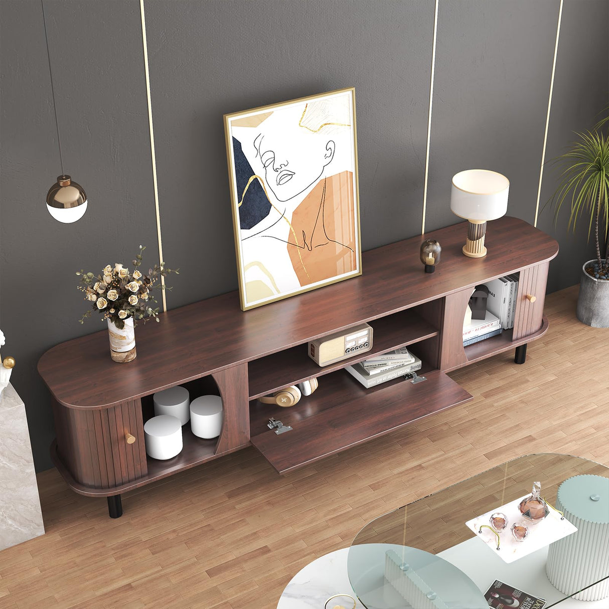 basenji Fluted TV Stand for 75" TV, Mid Century Modern TV Console with Sliding Door & Curved Round Edge, Farmhouse Wooden Entertainment Center TV Media Console Table for Living Room, Bedroom basenji