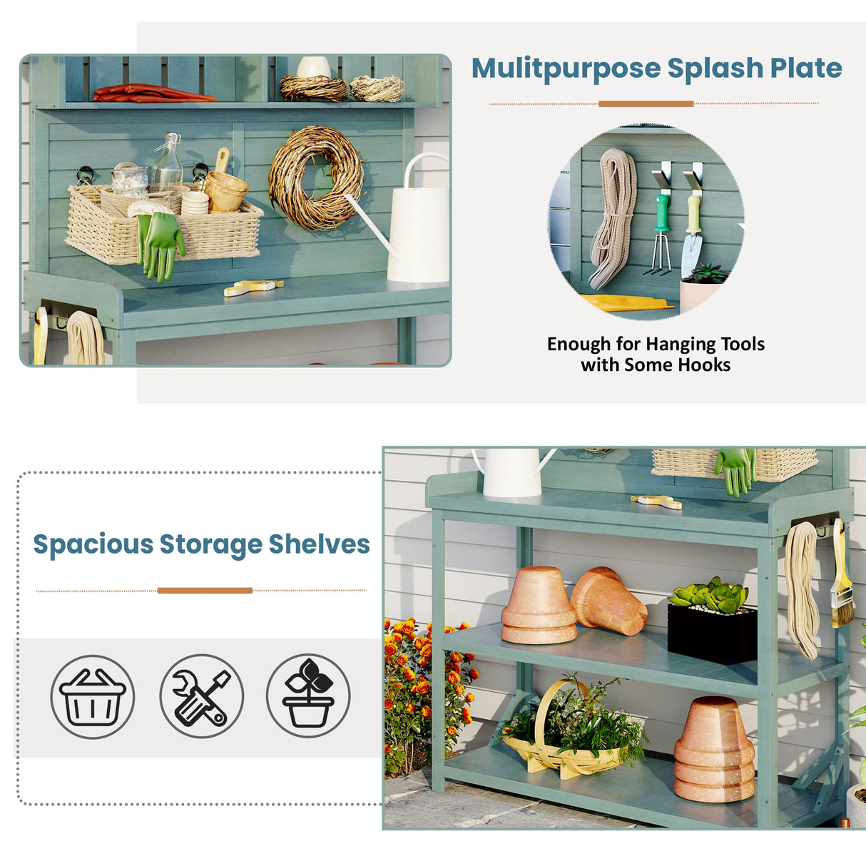 P PURLOVE 65" Large Wooden Rustic Outdoor Potting Bench Table, Patio Workstation, Garden Plant Lawn Patio Bench Shelf with 4 Storage Shelves and Side Hook P PURLOVE