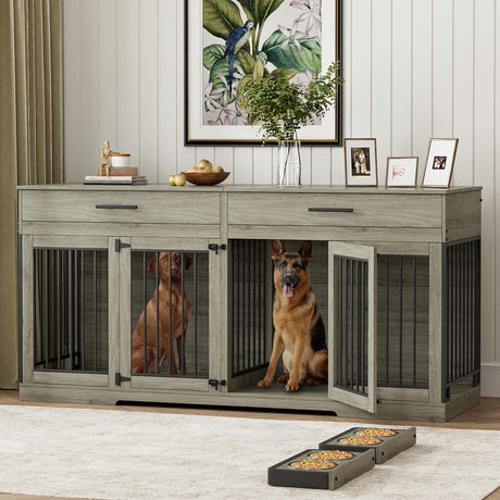 Rophefx 72" Dog Crate Furniture for 2 Dogs, Large Dog Kennel Furniture with 2 Storage Drawer and Removable Divider, Wooden Dog Cage with 4 Bowls, Indoor Dog House TV Stand for Large Medium Dog, Grey Rophefx