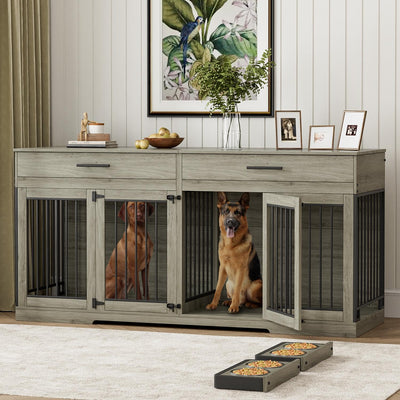 Rophefx 72" Dog Crate Furniture for 2 Dogs, Large Dog Kennel Furniture with 2 Storage Drawer and Removable Divider, Wooden Dog Cage with 4 Bowls, Indoor Dog House TV Stand for Large Medium Dog, Grey