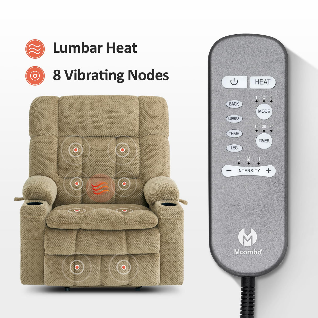 MCombo Oversized Power Lift Recliner Chair for Elderly, Dual Motor Lift Chair with Heat and Massage, Lay Flat Lift Chair for Big and Tall, Cup Holders, Fabric R7891 (Oversize, Beige) MCombo