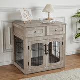 Dog Crate Furniture with Double Drawers, Wooden End Table Dog Kennel, Furniture Style Wood House Crate for Small/Medium/Large Dogs, Decorative Dog Crate with Storage for Large Breed, 32 Inch,Gray IDEALHOUSE