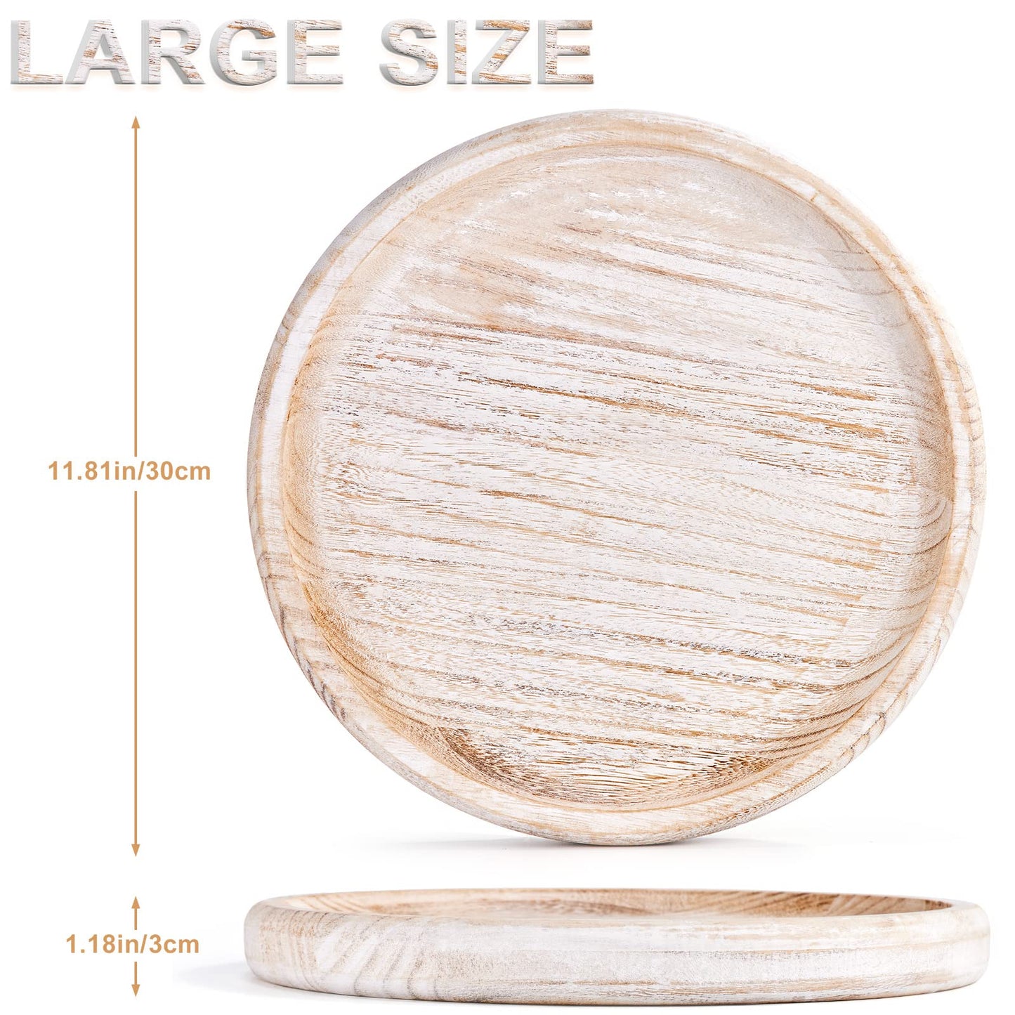 Yangbaga 11.8In Wooden Decorative Serving Tray Coffee Table Tray, Rustic Round-Ottoman Centerpiece Candle Holder Trays,Whitewashed Tray Decor for Farmhouse Kitchen Decor&Table Decor&Dining Room Table