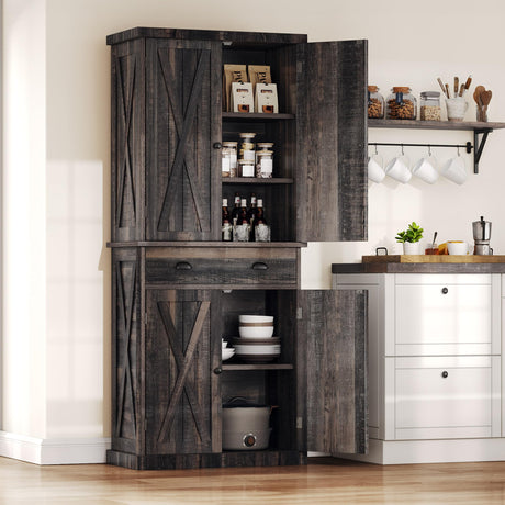 DWVO 72'' Farmhouse Kitchen Pantry, Rustic Wood Kitchen Storage Cabinets with Adjustable Shelves & Drawer, Tall Freestanding Cupboard for Dining Room, Living Room, Dark Gray DWVO