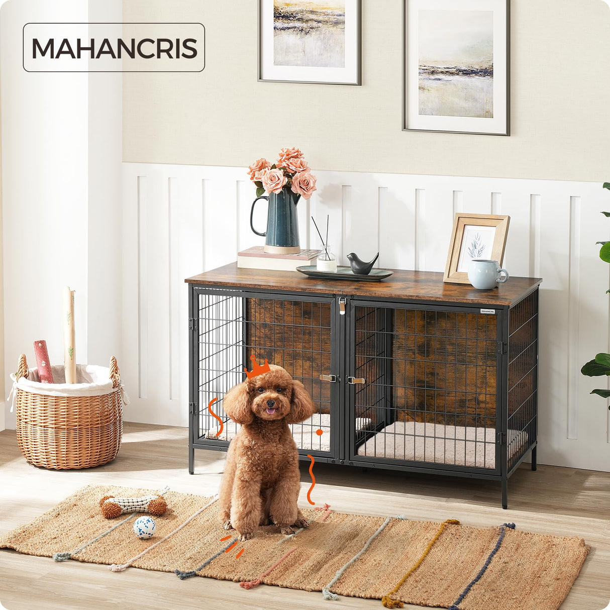 MAHANCRIS Dog Crate Furniture for 2 Dogs, 43.3" Dog Kennel with Removable Divider, Heavy Sturdy Dog Furniture Style Double Cage for Small Medium Dog, Indoor Dog House End Table, Rustic Brown DCHR1201 MAHANCRIS